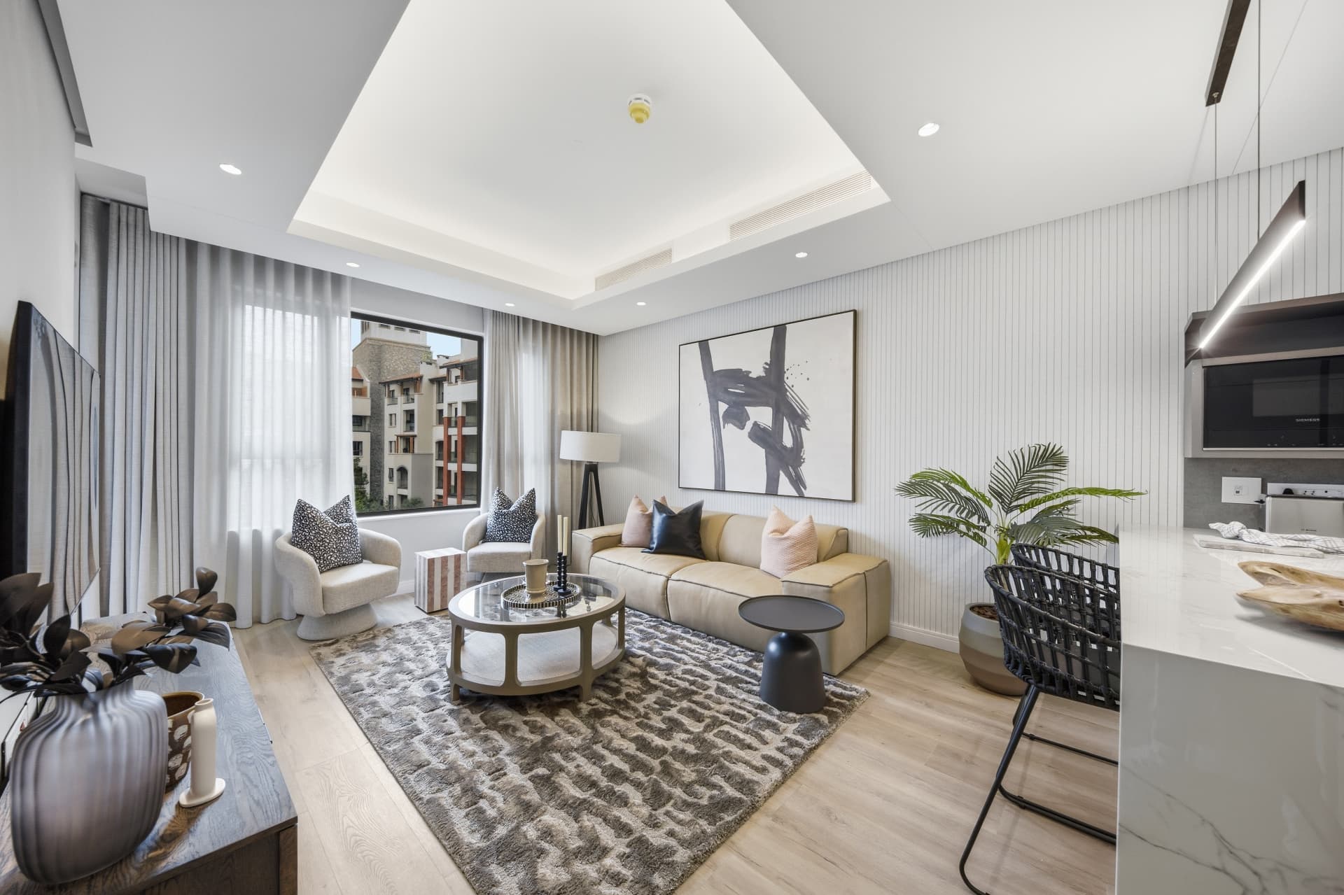 Light-filled lounge in a one-bedroom apartment